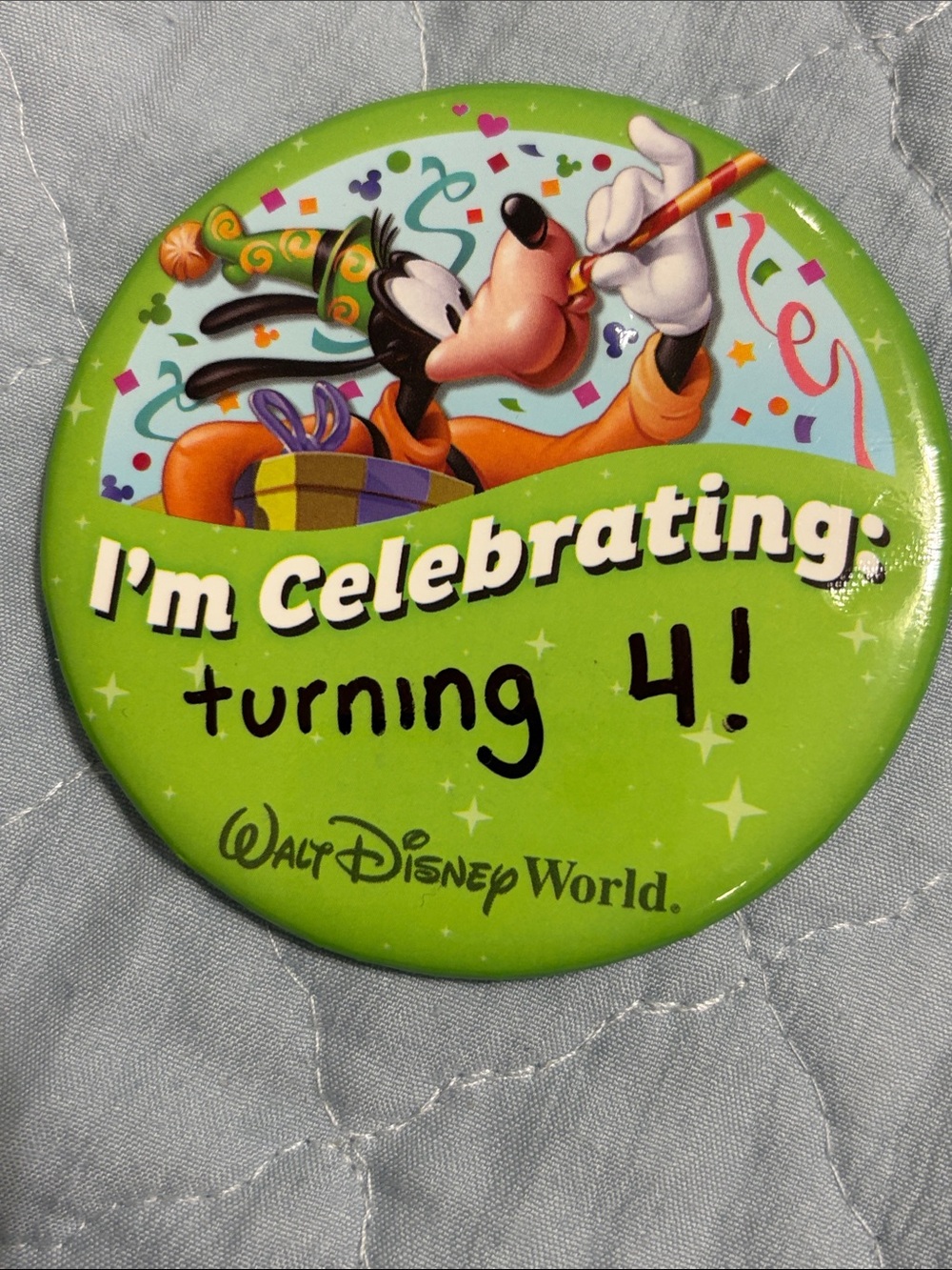 Walt Disney World “ I’m Celebrating turning 4!” Green 3” Button
